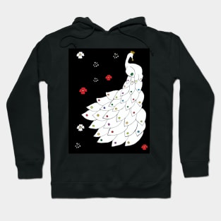 White Peacock with Flowers in a Black Background Hoodie